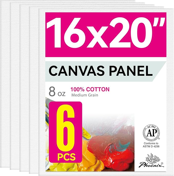 PHOENIX Large Painting Canvas Panels - 16x20 Inch, 6 Value Pack - 8 Oz Triple Primed 100% Cotton Acid Free Canvases for Painting, White Blank Flat Canvas Boards for Acrylic, Oil Paints