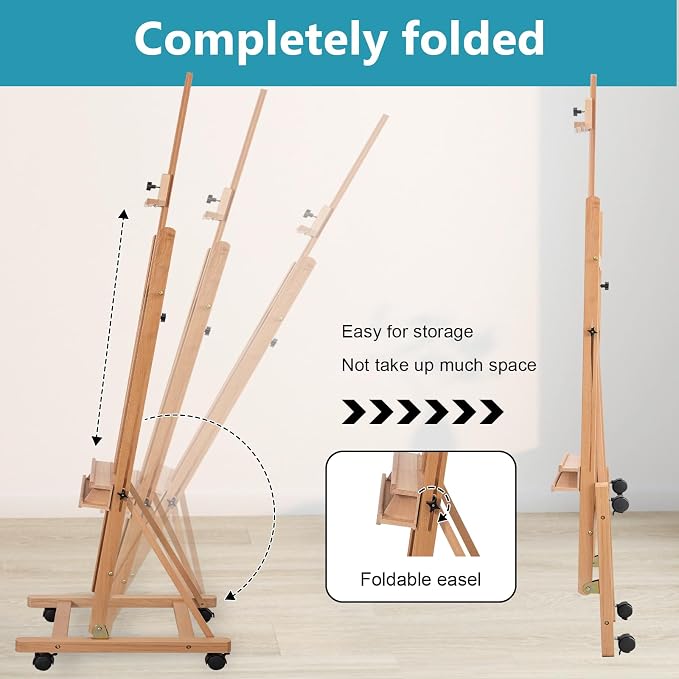 Beechwood H-Frame Artist Studio Easel with Wheels and Storage Tray, Natural