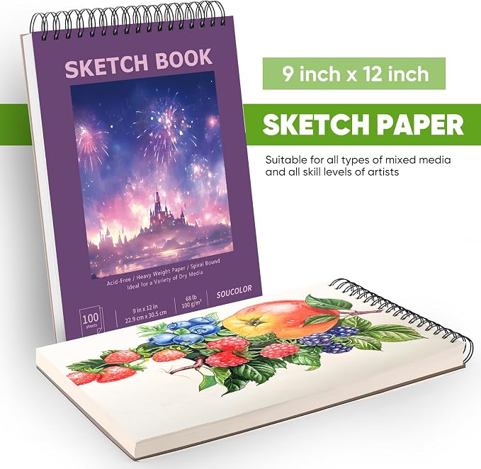 Soucolor 9"x12" Sketch Book for Women,Purple Girls Sketchbook | Fine-Textured|100 Sheets (68lb/100gsm) Drawing Paper| Art School Supplies for Kids,Beginners, and Adults