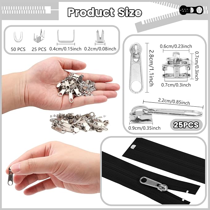 DOITEM 25Pcs Silver Zipper Repair Kit Zippers Replacement 3# Zipper Pull Rescue Kit for Clothing Jackets Purses Luggage Backpacks