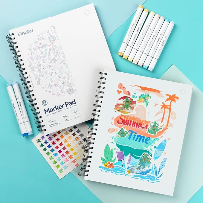 Ohuhu 9"x12" Double-Sided Bleedproof Marker Pad Art Sketchbook 60 Sheets | Large Sketch Book - 90 LB/150 GSM Smooth Drawing Paper - 60 Sheets/120 Pages - Spiral-Bound Sketch Pad for Alcohol Markers