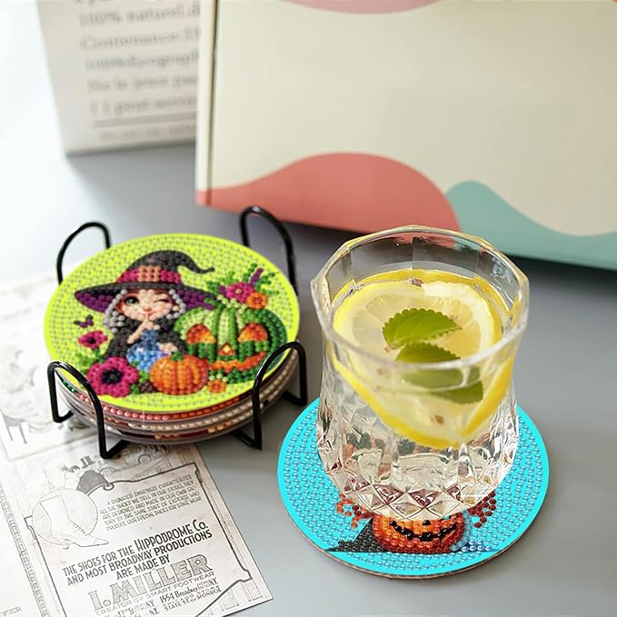askkqtx 8 Pcs Halloween Diamond Art Coasters Kits with Holder 4X4 Inch