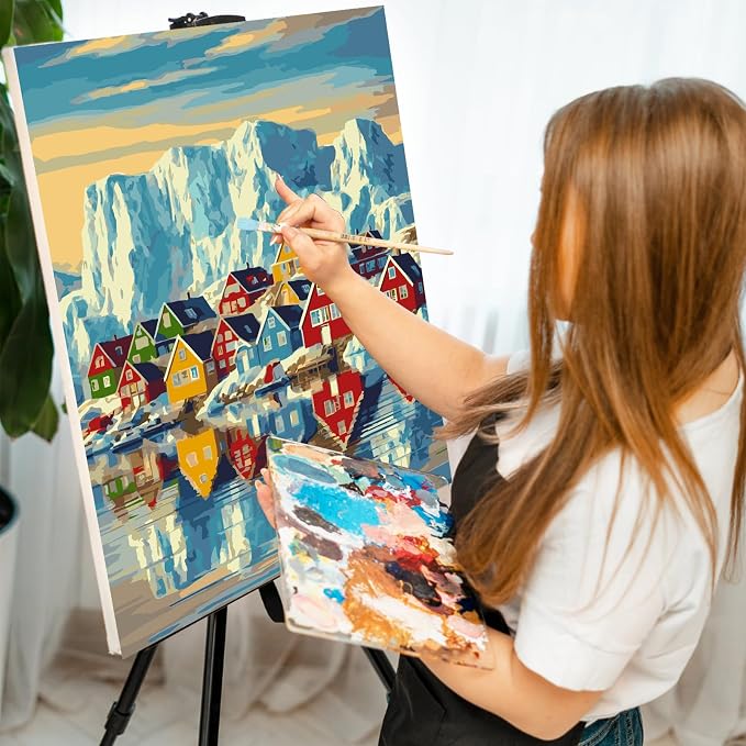 Paint by Numbers Kit for Adults, Colorful Village Painting, 16 x 20 Inch | DIY Adult Paint by Number Kit on Canvas for Beginners, without Frame, Coastal Wall Decor, Stress Relief Craft Gift