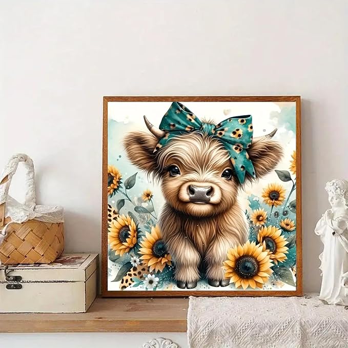 Diamond Art Painting Kits for Adults, Cow 5D Diamond Painting Dots Art Kits | DIY Highland Cow Full Round Gem Crystal Art paint by Diamond, Home Wall Decor 12 x 12 In