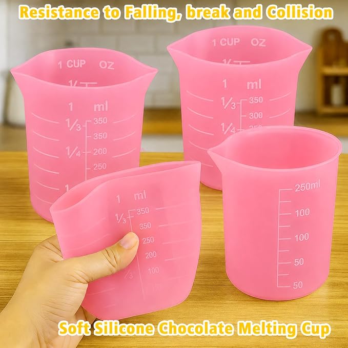 Palksky 4PCS Pink Measuring Cups with 1 Cup & 1.5 Cup & Jar Spatulas | Reusable Baking Supplies for DIY Chocolate Molds, Melting Chocolate