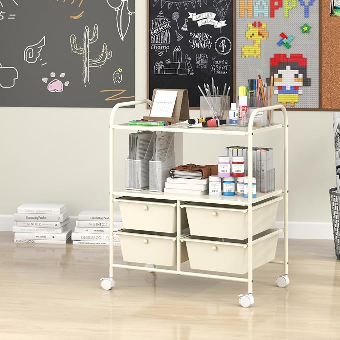 Giantex Rolling Storage Cart w/ 4 Drawers 2 Shelves Metal Rack Shelf Home Office School Beauty Salon Utility Organizer Cart with Wheels, Ivory