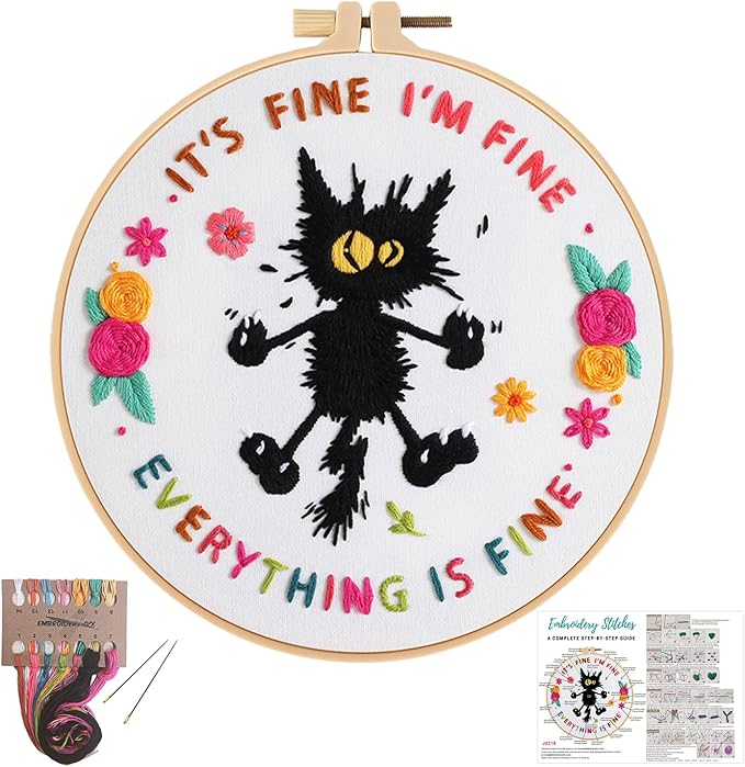 Louise Maelys Cute Cat Embroidery Kit for Beginners DIY Needlepoint | Adults Starter Cross Stitch Kits with Funny Animal Pattern, Complete Needlepoint Kit with Hoop, Threads, Needles and Guide