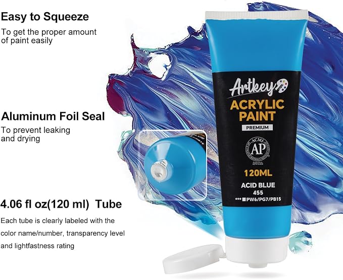 Artkey Acrylic Paint - Acid Blue (120 ml/4.06 oz) Tubes, Rich & Vibrant Pigments, Professional Artists Acrylic Paints - Art Supplies for Canvas Wood Rock Clay Fabric Ceramics Art Crafts Painting