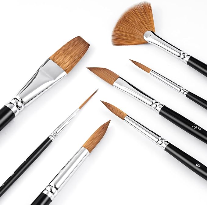 Sable Watercolor Brushes Professional Kolinsky Sable Brushes 7pcs - Dagger, Pointed Rounds, Rigger, Long Flat, Fan Brush Set for Watercolor Gouache Acrylic Inks Painting