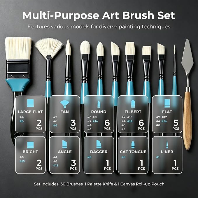 Nicpro 30pcs Paint Brush Set for Acrylic Painting, Oil, Watercolor, Gouache | 10 Shapes No Shedding Firm Synthetic Bristles with Palette Knife & Canvas Roll, Professional Painting Supplies for Artists
