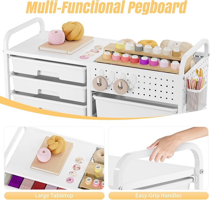 14 Drawer Rolling Storage Cart with Tabletop and Pegboard for Crafts White | Easy Setup, Large Capacity, Sturdy Build, Smooth Mobility, For classroom, office and dorm supplies