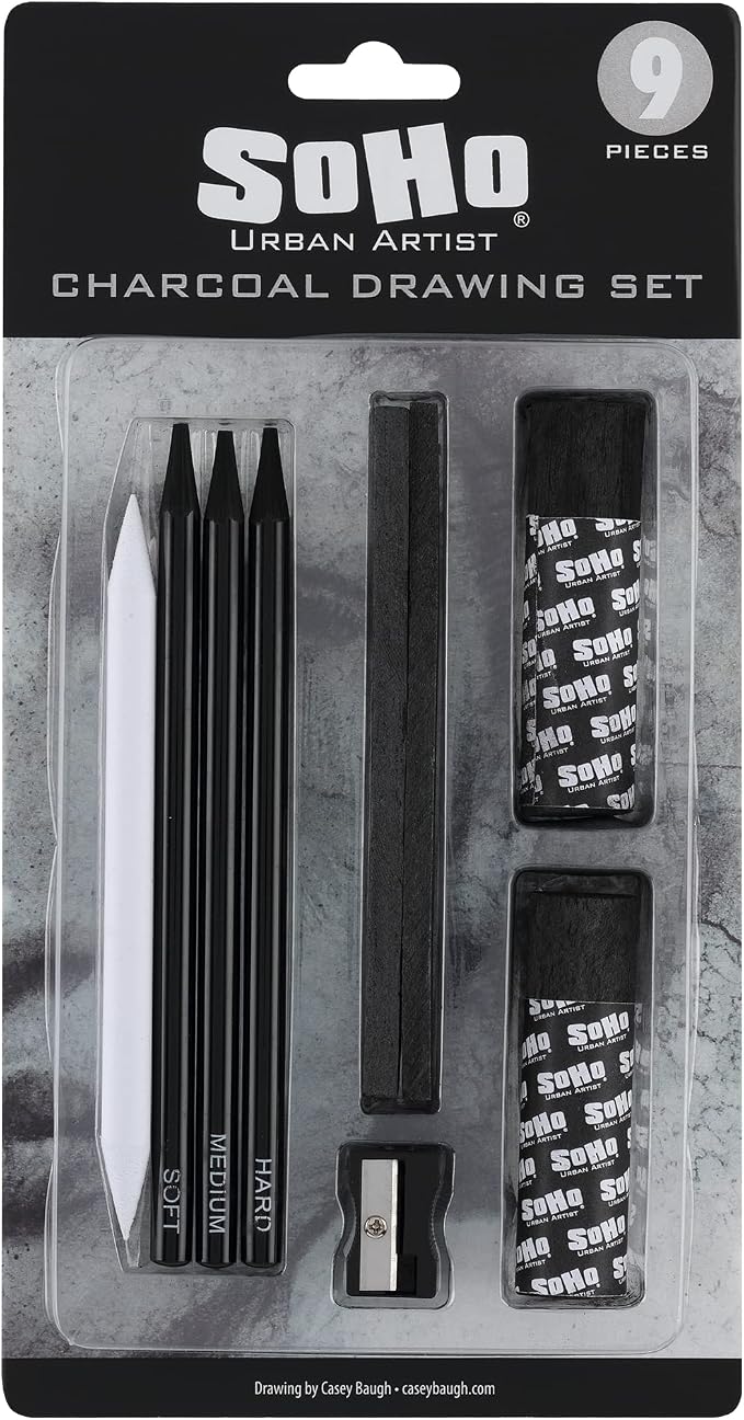 Soho Urban Artist Charcoal Drawing Set - Drawing Charcoal for Artists, Students, Blending, Live Figure Drawing, & More! - [Black - Drawing Set]
