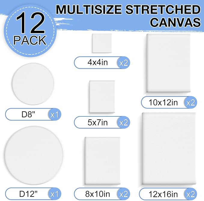 ESRICH 12 Pack Stretched Canvas for Painting, 4x4, 5x7, 8x10, 10x12, 12x16(2 of Each), Round Canvas with 8x8, 12x12(1 of Each), Blank Canvases Primed Paint Canvas for Beginners, Artists.