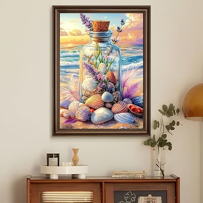 5D Beach Seashell Bottle Diamond Art kits for Adults Beginners 12x16 Inch | Diamond Painting Kit DIY Full Round Drill Paint by Diamonds Dot Gem Art for Adult, Home Wall Decor
