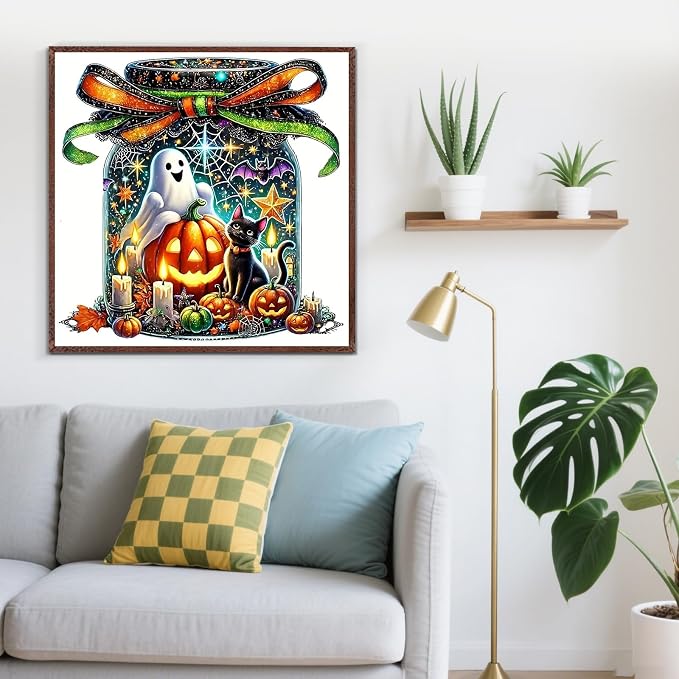LKHMVCA Halloween Ghost Cat Pumpkin Paint by Numbers Kit for Adults, DIY Paint by Numbers Kits for Adults Beginners Without Frame, Acrylic Paint Canvas Painting Kits Art for Home Decor 16x16 Inch