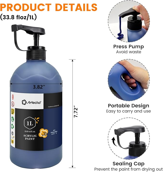 Artecho Phthalo Blue Acrylic Paint 1000ml / 33.8 fl oz Pump Dispenser