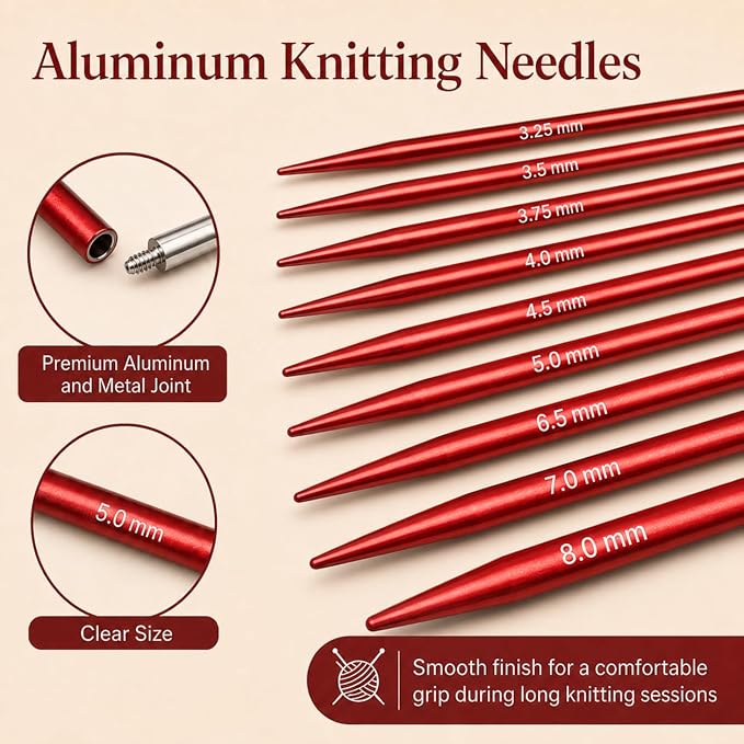 Aeelike 13 Pair Interchangeable Circular Knitting Needles Set 3-10 mm, Red | Aluminum Interchangeable Knitting Needles with 4 Cables, Smooth Complete Needles Set for Socks Blankets Sweaters, Ideal Gift