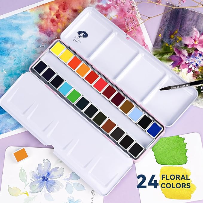 Paul Rubens Watercolor Paint Set Artist Grade, 24 Vivid Floral Colors | High Lightfastness & Unmatched Transparency, Portable Metal Case Art Supplies for Artists Beginners Hobbyists Students