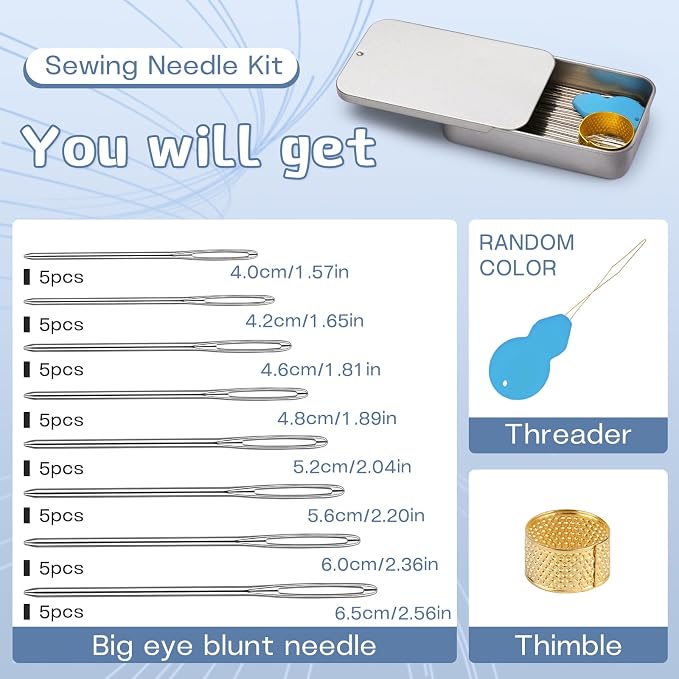 TLKKUE 100/40 Pcs Large-Eye Blunt Needles, Steel Tapestry Needle 8 Sizes | Needle Threader Thimble, Steel Yarn Needles for Sewing Knitting Crafting Weaving Crochet Tapestry (Silver, 8 sizes/40 pcs)