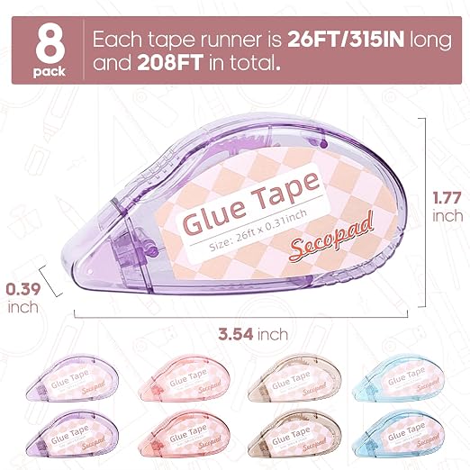 Secopad Scrapbook Tape, Glue Tape for Crafts, 8 Pack, Light-Colored Shell | 0.3IN x 26FT, Sticky & Safe, Double Sided Tape for Crafts, Scrapbooking Junk Journaling Supplies, For School Office Teachers