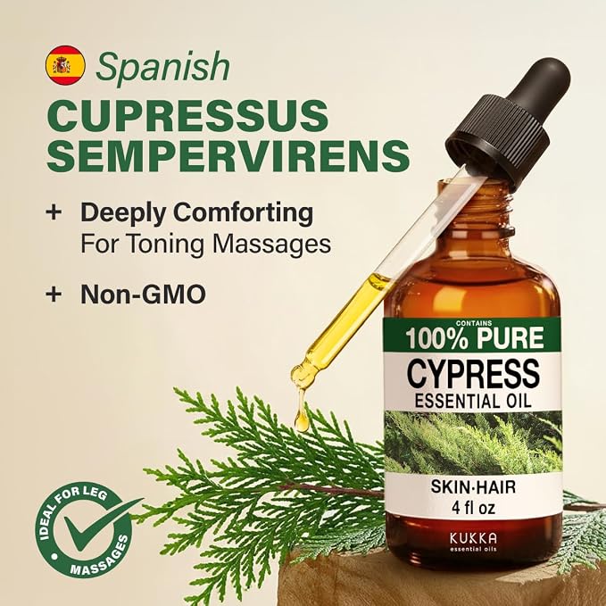 Kukka 100% Pure Cypress Essential Oil for Skin, Diffuser, 4 Fl Oz | Undiluted Cypress Oil for Diffuser Blends, Massage, Aromatherapy & DIY Soap Making with a Calming Woodsy Scent