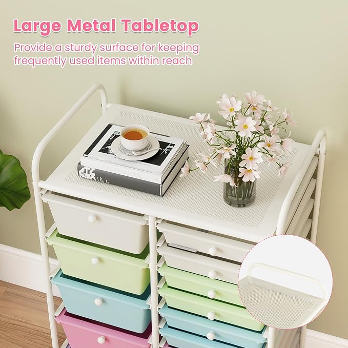 LDAILY 15 Drawer Rolling Storage Cart, Rolling Cart with Drawers for Classroom, Art Supply Craft Organizer on Wheel with Metal Frame & Handles for Home Office School (Ice cream color, 15 Drawer)