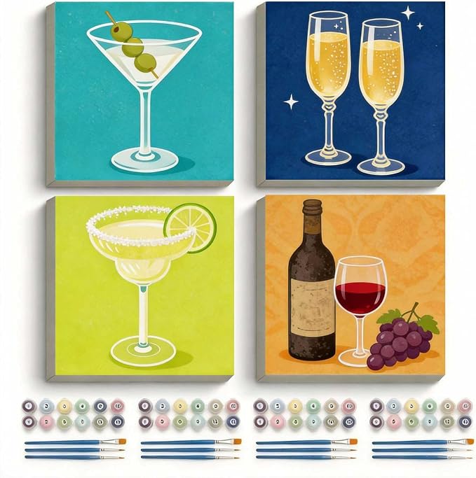 Amphol 4 Pack Framed Paint by Numbers Kit for Adults, Vintage Bar Easy Paint by Numbers for Beginners with Frame, 10x10 Inch Framed Wine Oil Painting Art on Canvas for Home Wall Decor and Gift