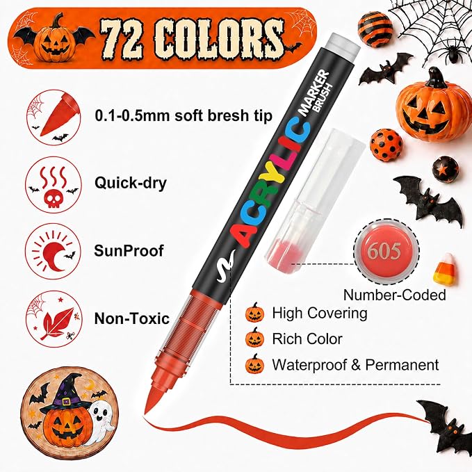 Amamao 72-Color Acrylic Paint Markers, Soft Brush Tip Pens for Rock, Wood