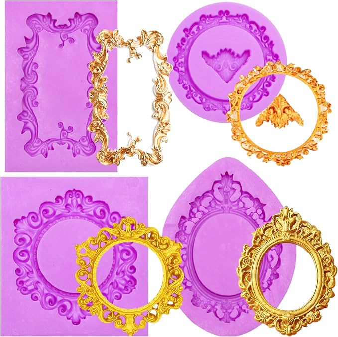 Vintage Baroque Frame Silicone Molds, 4-Piece Photo Frame Fondant Mold for Cupcake Topper Chocolate Candy Polymer Clay Gum Paste Resin Crafts, DIY Jewelry Making