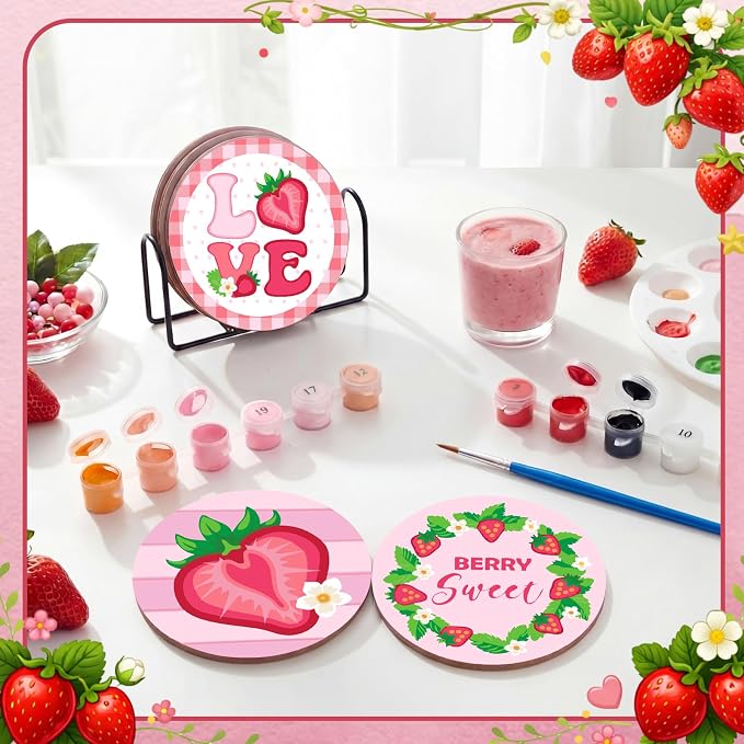 Reallnaive 8 Pcs Strawberry Paint by Numbers Kit for Adults Wooden Coasters | Mini Paint by Numbers, Tiny Pink Gnome Round Oil Painting Drink Coaster with Holder, for Small DIY Craft Birthday Gift