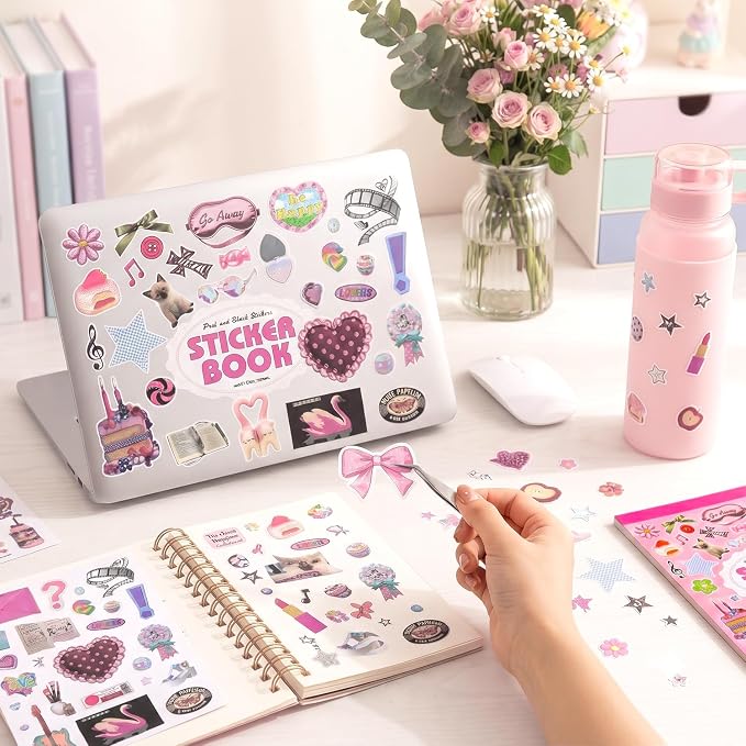 1200Pcs+ Aesthetic Sticker Book, Sweet Cool Y2K Pink Decorative Stickers for Journal Scrapbook Craft Supplies for Adults Teens Girls