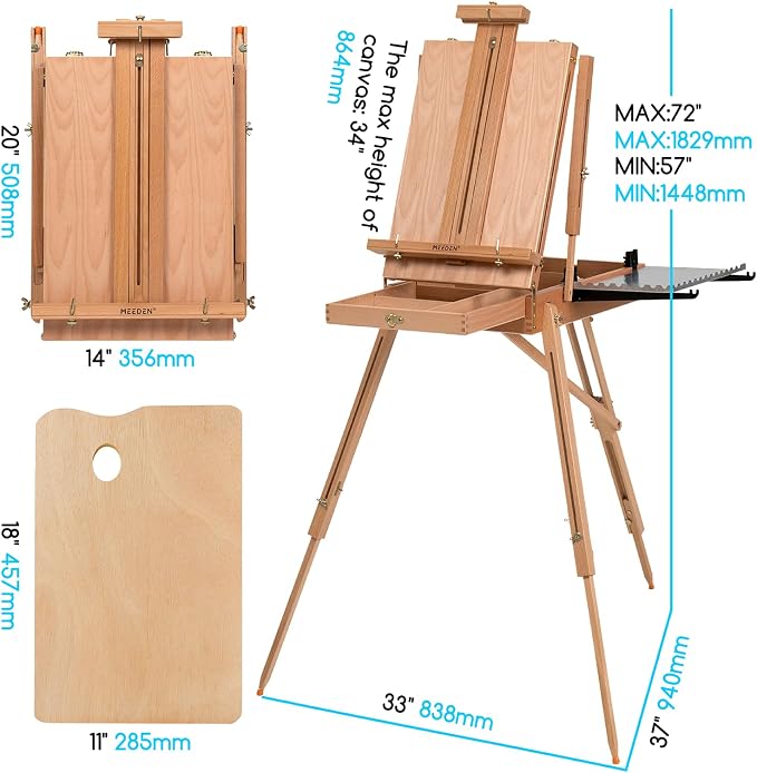 MEEDEN Portable French Sketchbox Art Easel: Foldable Standing Field Easel | Beechwood Travel Easel with Drawer, Palette & Metal Tray, for Adult Artists Watercolor Painting, Holds Canvas Up to 34"