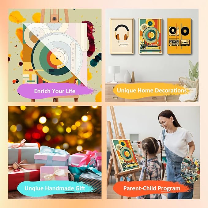 Mandun Music Paint by Numbers Kit for Adults, 3 Pack, 7.8x11.8 inch | DIY Painting Kits Crafts for Adults, Relieve Stress, Frame Canvas, Wooden Easel, Gift Box, Home Wall Decor