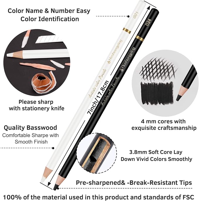 White and Black Color Pencils Drawing Set, 6 pcs White and 6 pcs Black Colored Sketching Pencils for Drawing, Sketching, Shading, Blending for Beginners & Artists