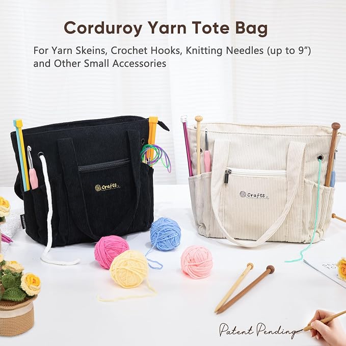 MYBAGZING Crochet Bag and Tote - Corduroy Yarn Bag - Yarn Holder and Storage for Crochet Hooks, Knitting Accessories - Mother's Day Gift