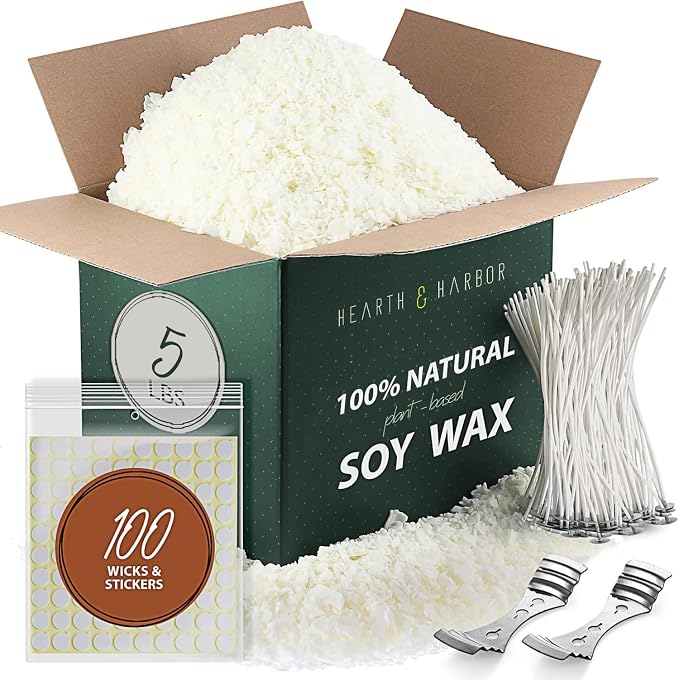 Hearth & Harbor Organic Soy Candle Wax for Candle Making, Updated 5 lbs Natural Candles Making Supplies, Beeswax-Free, Paraffin-Free, Pure Soy Wax Flakes Perfect for Candles, Tealights and Melts