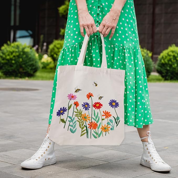 Louise Maelys Bee and Flowers Embroidery Kit for Beginners Canvas Tote Bag