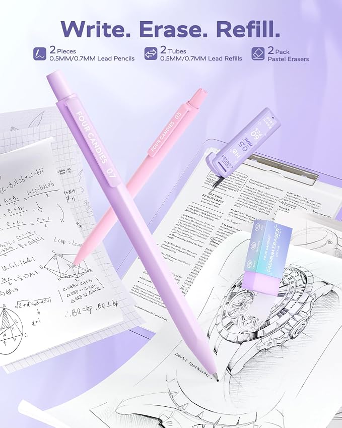 Four Candies Aesthetic Purple School Supplies Kit with Case for Girls