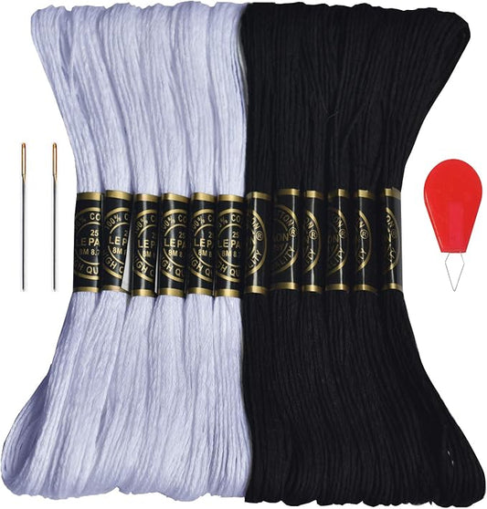 Premium Embroidery Floss-Cross Stitch Threads-Friendship Bracelets Floss-Crafts Floss-Black,White-Hand Embroidery Thread 12 Skeins Per Pack and Free Set of 2 Embroidery Needles and 1 Needle Threader