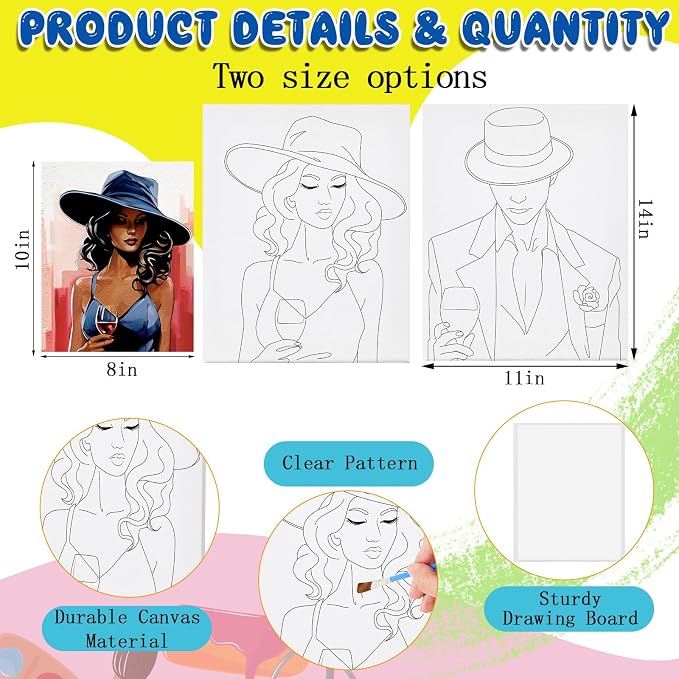 Yeaqee 13 Pcs Sip and Paint Kit for Adults Stretch Canvas Date Night Valentines Painting Kit Supplies Art Painting Set Outline Design Blank Stretch Canvas for Couple Party(Elite Couple,11x14)