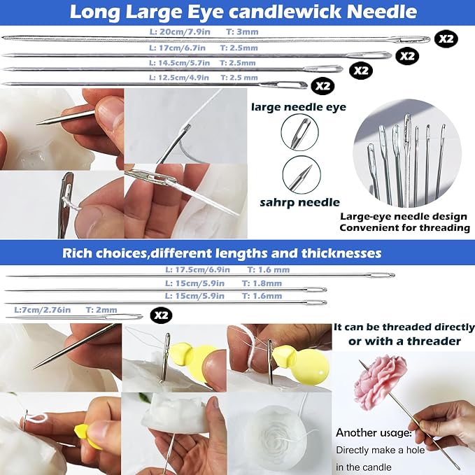 157PCS Professional Candle Making Kit with Soy Candle Wicks,7.9" Extra Long Big Hole Wicking Needle Hand Twist Drill Bits with Storage Bag,Mold Punch Set with Hook Eye for Inserting Candle&Mold Wicks