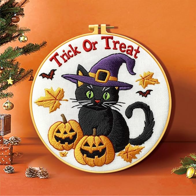 Zhenqing Halloween Black Cat Embroidery Kit for Beginners, Trick or Treat Witch Cat Needlework Kit with Pre-Printed Cotton Fabric, Hoop, Threads & Tools, Spooky DIY Decor (C0118)