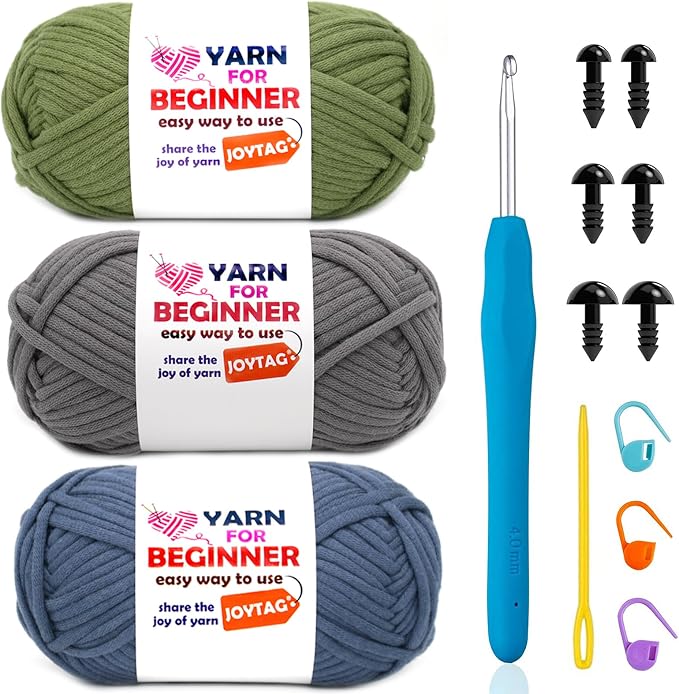 3 Pack Cotton-Nylon Blend Crochet Yarn - Blue, Grey, Green - 3x50g - Easy-to-See Stitches - Crochet & Knitting Kit for Beginners