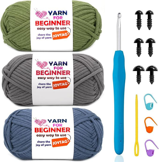 3 Pack Cotton-Nylon Blend Crochet Yarn - Blue, Grey, Green - 3x50g - Easy-to-See Stitches - Crochet & Knitting Kit for Beginners