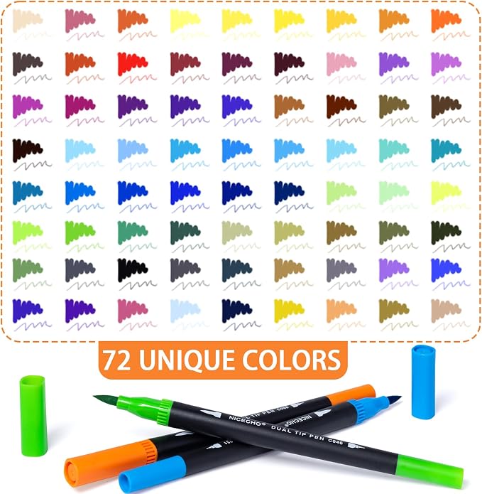 Nicecho 72 Colors Dual Tip Art Markers Pens for Adult Coloring Books | Brush Tip + Fine Tip, Coloring Marker for Drawing Journaling Note Taking Lettering, Durable Case