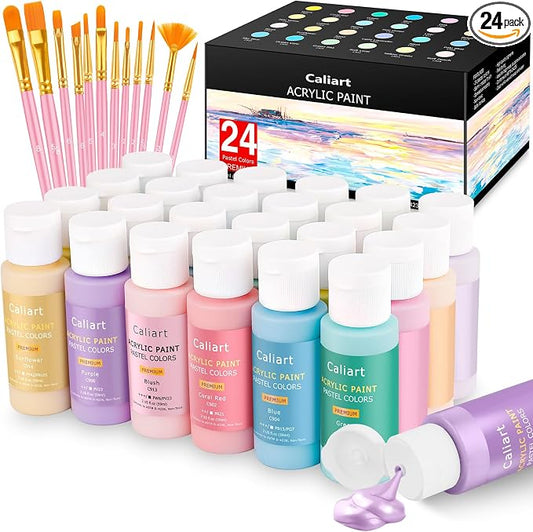 Caliart 24 Colors Pastel Acrylic Paint Set with 12 Brushes | Craft Painting kit for Adults Artists Beginners, Rich Pigment Non-toxic, Canvas Wood Rock Pumpkin Ceramic Art Supplies Paint