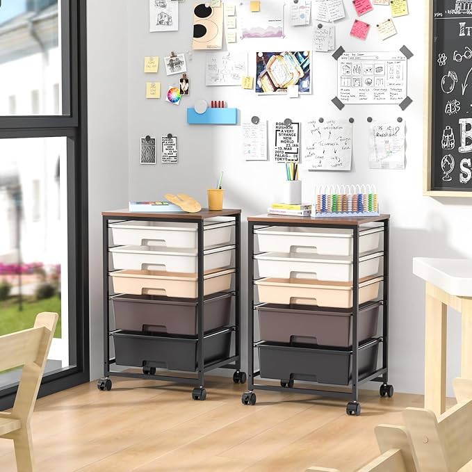 SYKIARIOL Rolling Cart with Drawers, 5 Drawers Utility Cart, Dark Brown | 5-Tiers Storage Cart with Drawers with Lockable Wheels for Craft Organizers and Storage,Home Office,Classroom,Dorm,Playroom
