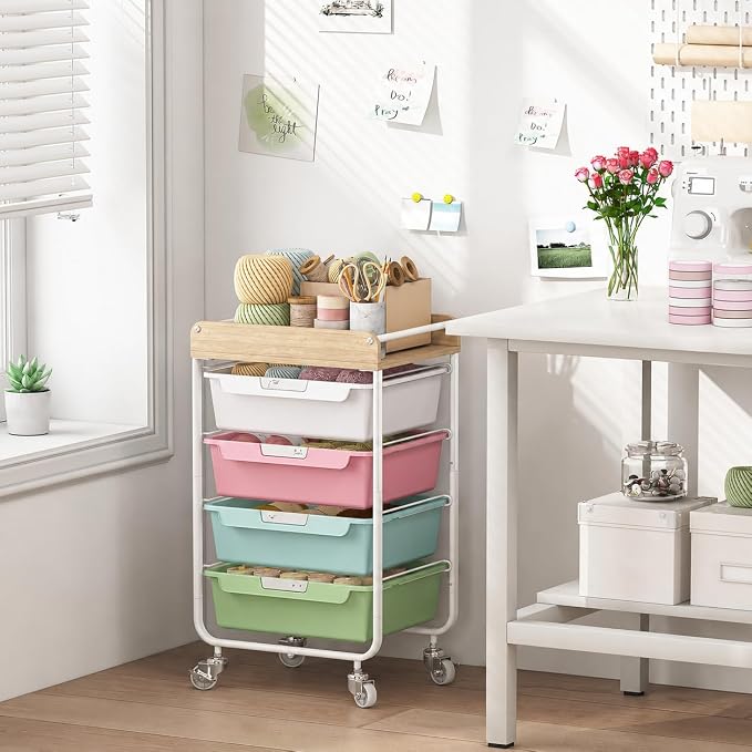 SYKIARIOL Rolling Craft Storage Cart with 4 Drawers,Kid Craft Cart,Colorful | Utility Cart with Drawers,Art Craft Organizers and Storage,Kids Art Cart With DIY Lable and Wooden Tabletop Area