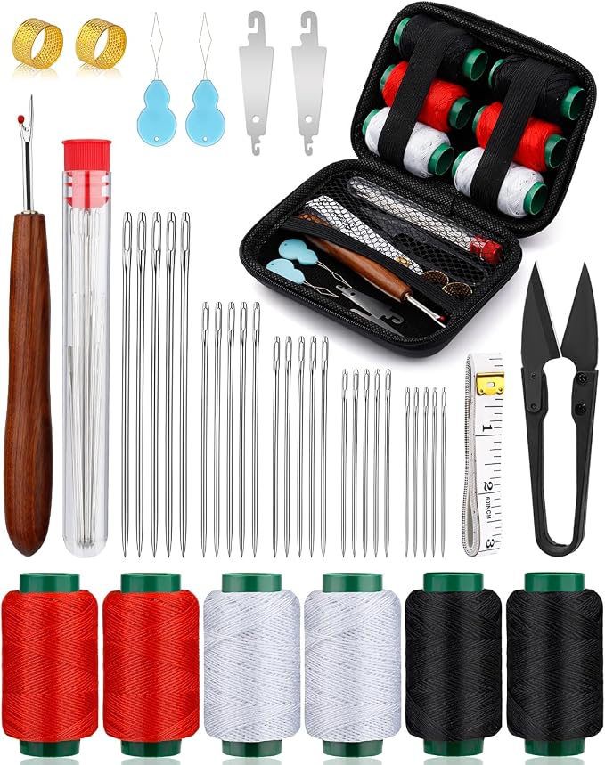 TLKKUE 40 Pcs Sewing Kit, Steel Needles for Hand Sewing with Threads | Sewing Kit for Adults with Sewing Needles Storage Bag Thimbles Seam Rippers for Repair Clothing (Red/White/Black Thread)