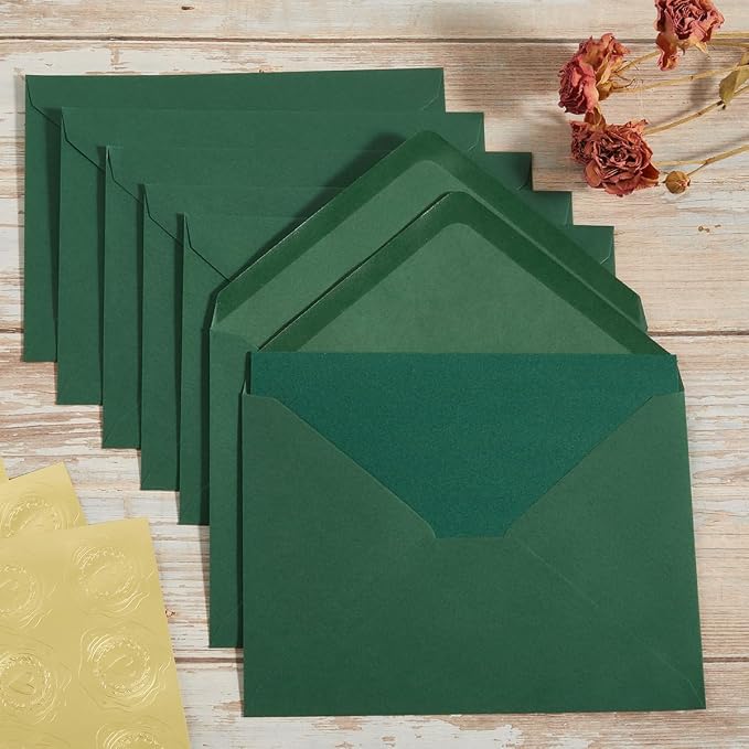 50 Pack Dark Green A7 Envelopes with Cards and Gold Stickers, 5x7